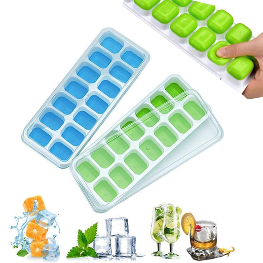 UK-0808 Pop Up Ice Cube Trays for Freezer with Lid Ice Cube Trays, Silicone Easy-Release and Flexible 14-Ice Cubes Mould with Spill-Resistant