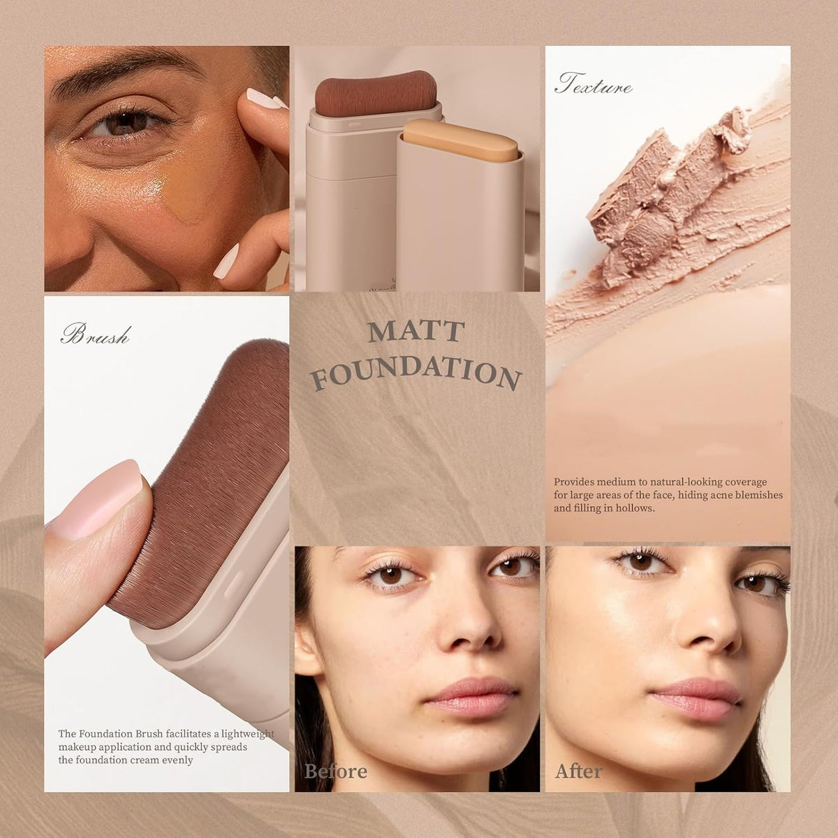 UK-1040 Beauty Foundation Stick, 2-in-1 Multifunctional Moisturizing Foundation Stick with Brush, Long Lasting Natural Matte Finish, Lightweight, Waterproof, 20g, Suitable for All Skin Types