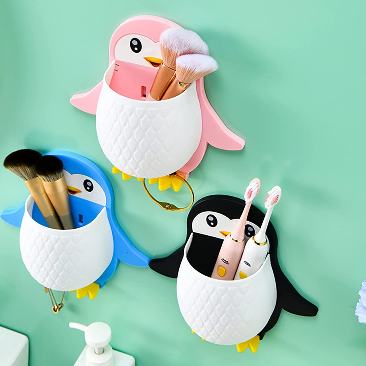 UK-0094 Penguin Design Holder for Toothpaste and Also Holder for Stationery Items Plastic Toothbrush Holder (Multicolor, Wall Mount)