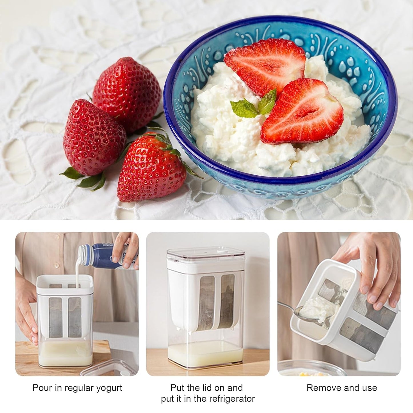 UK-0950 Yogurt Strainer, 1100ml Multi Yoghurt Maker Strainer with Fine Mesh Bag & Lid for Thick Greek Yogurt, Soybean Milk, Kefir, Berries, Soup, Fruit Juice, Coffee