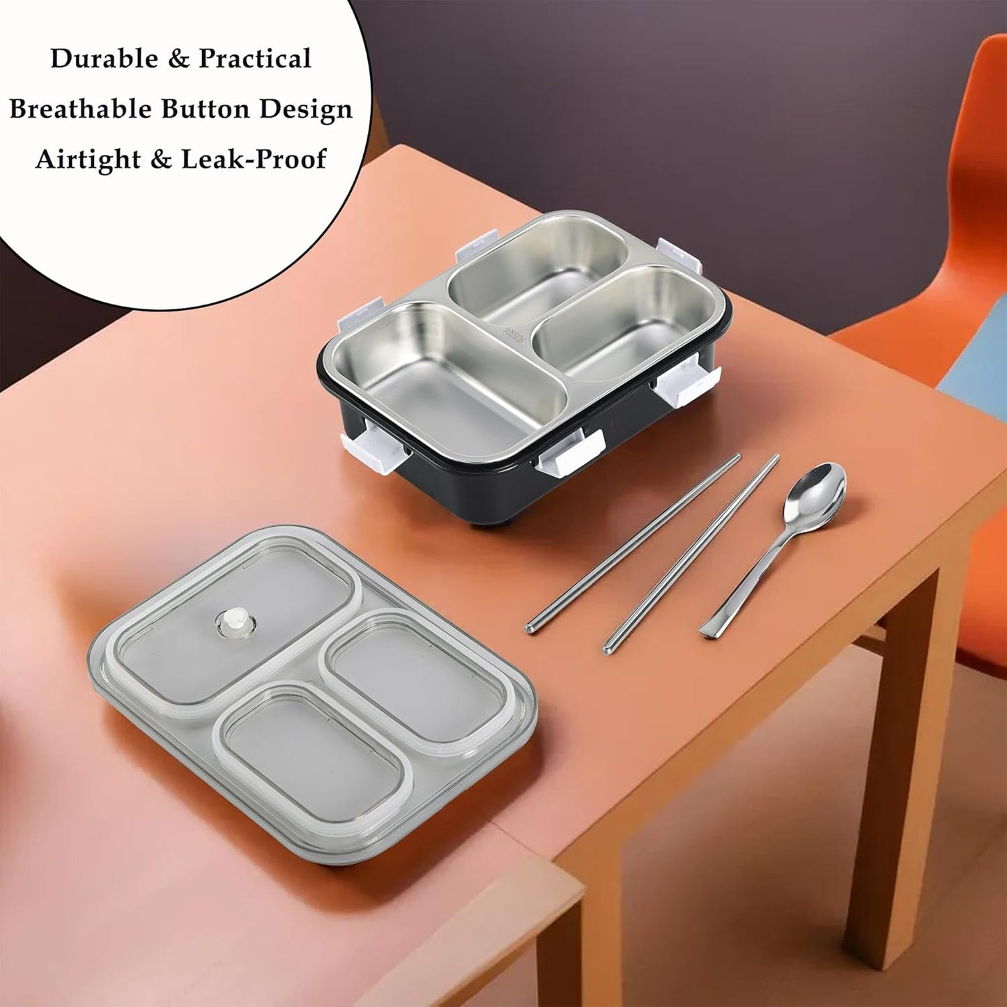 UK-0885 3 Compartment Stainless Steel Lunch Box 750ML, Lunch Box with Steel Cutlery Inside, Heating & Water Insulation for School Kids and Adults Office