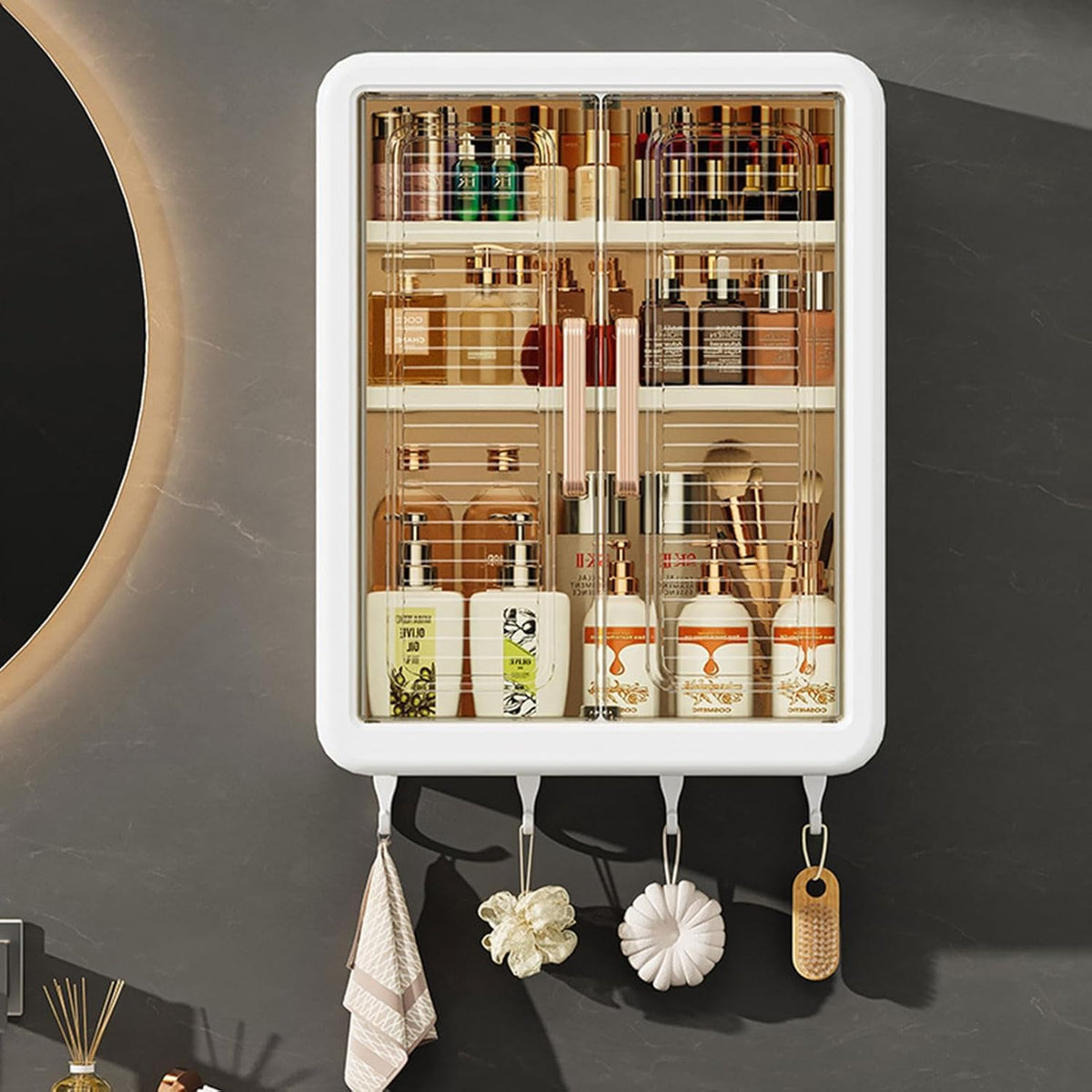 UK-1033 Plastic Wall Mounted Storage Cabinet for Kitchen and Bathroom Organizer with Adjustable Shelves & Door| Self-Adhesive No-Drill Bathroom Cupboard