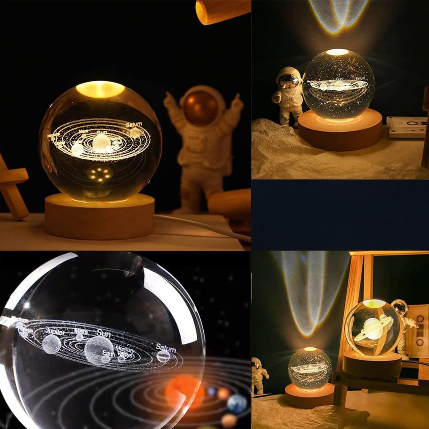 UK-0719 3D Galaxy Crystal Ball Night Lamp,Creative Engraved Crystal Ball Night Light, USB Table LED Wooden Crystal Ball for Home Office Decoration(MIX DESIGN)
