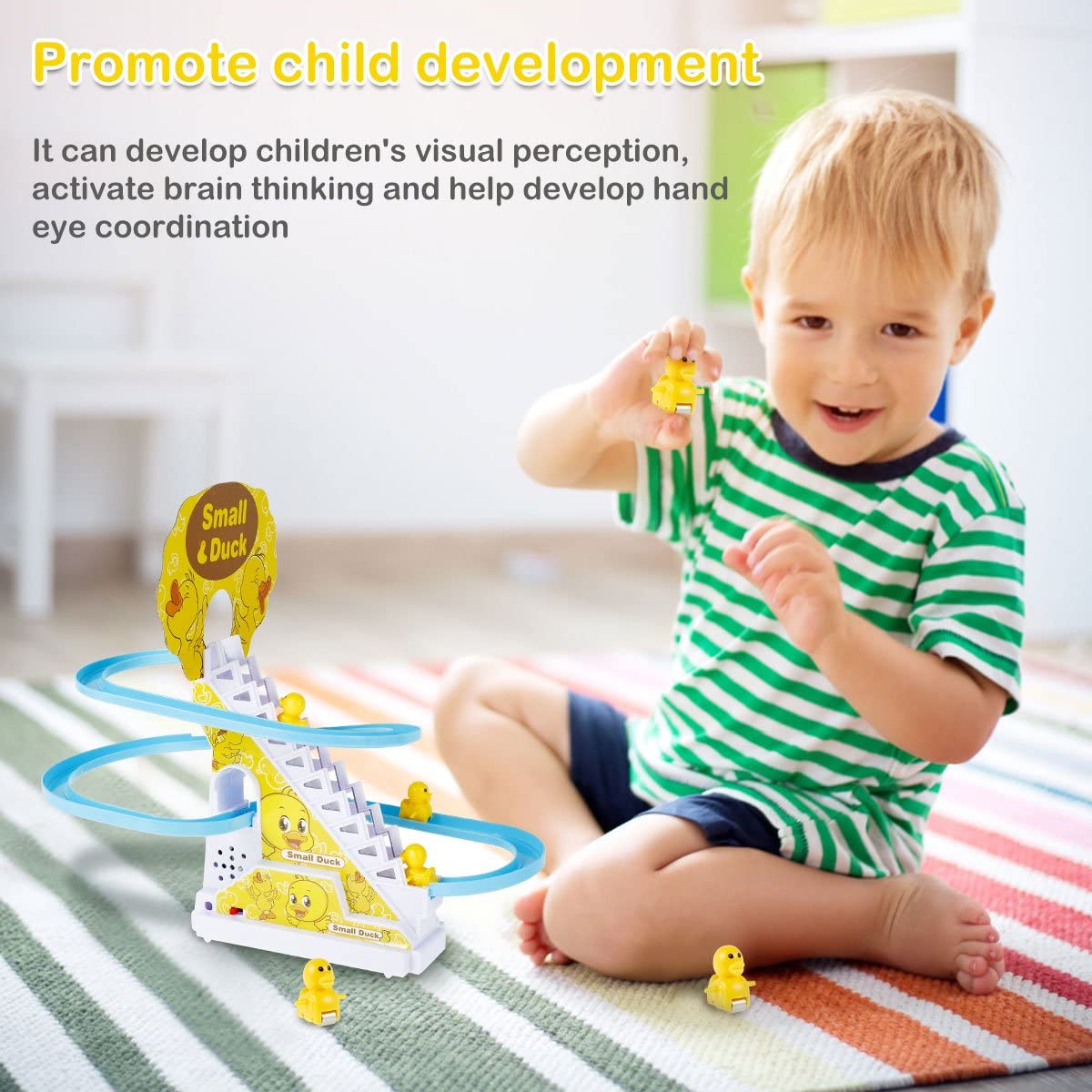 UK-0124 Duck Slide Toy Set, Funny Automatic Stair-Climbing Ducklings Cartoon Race Track Set Little Lovely Duck Slide Toy Escalator Toy with Lights and Music