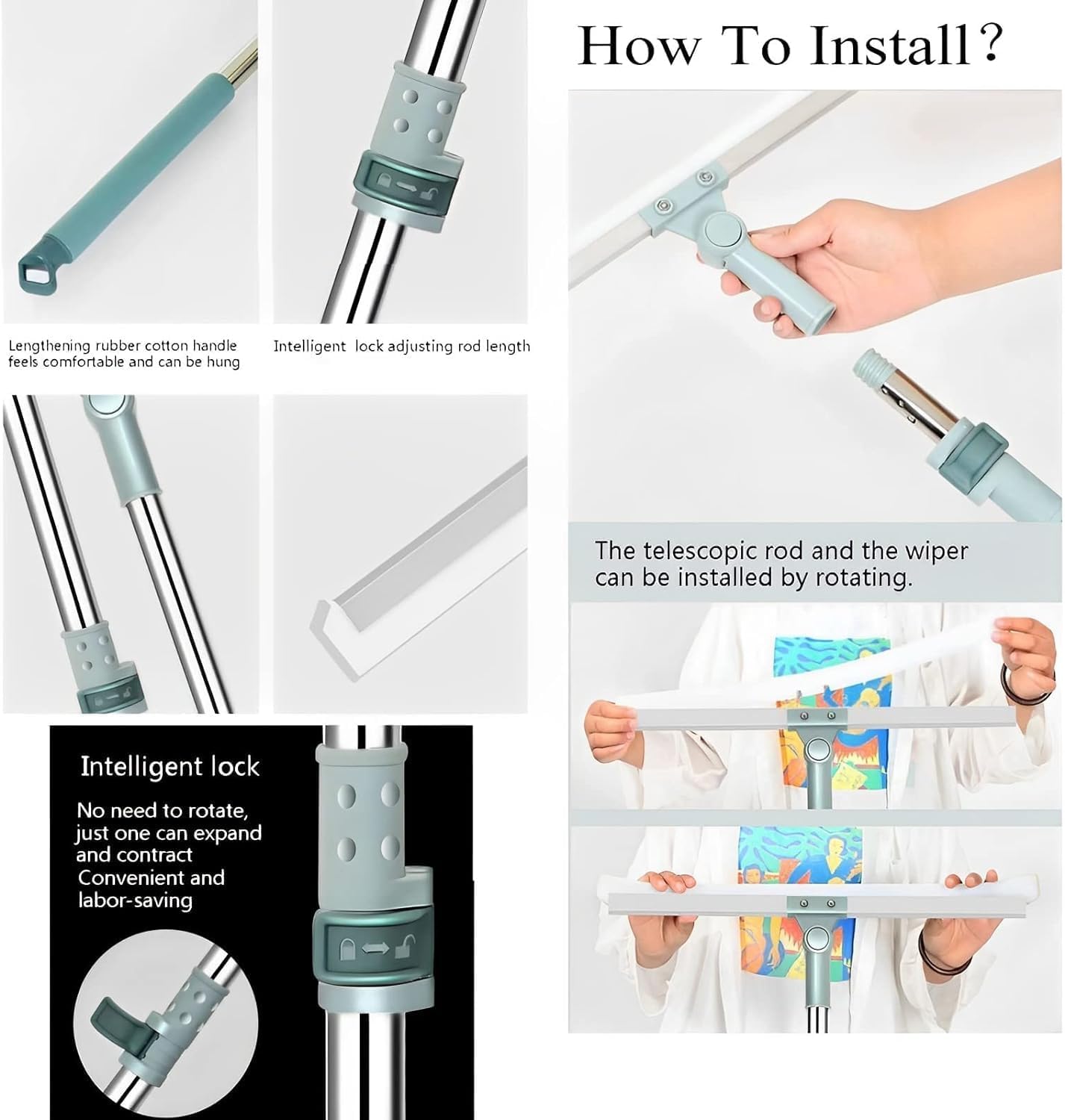 UK-0748 Bathroom Cleaning Wiper, Slim Floor Squeegee Mop with Telescopic Handle for Bathroom, Tiles, and Floor Scrubbing, 360° Rotating Silicone Wiper