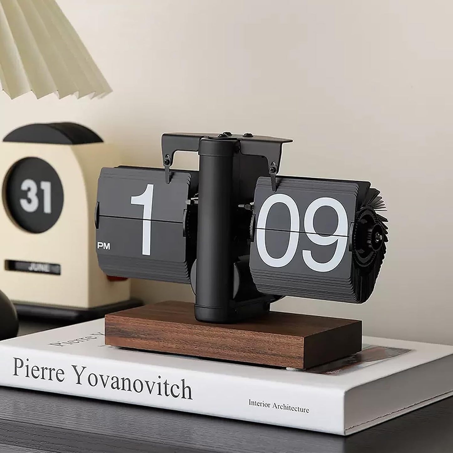 UK-0794 Retro Digital Flip Down Clock, Battery Powered Internal Gear Operated Clock, Classic Mechanical, Black Walnut Base, for Home & Office Decor
