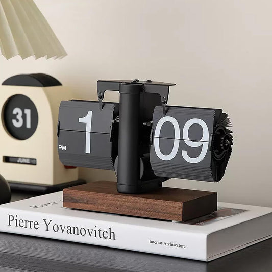 UK-0794 Retro Digital Flip Down Clock, Battery Powered Internal Gear Operated Clock, Classic Mechanical, Black Walnut Base, for Home & Office Decor