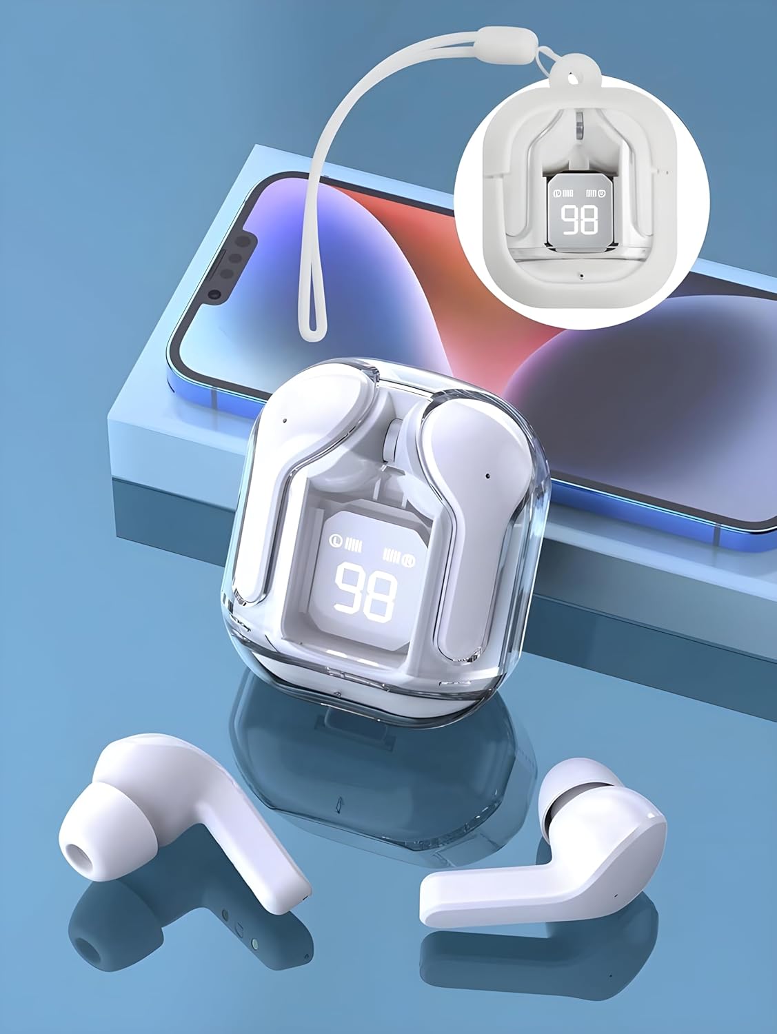 UK-0550 Ultrapod Wireless Bluetooth In Ear Earbuds, Transparent Charging Case, Active Noise Cancellation, Led Digital Display, Bluetooth Earphones, Touch Control