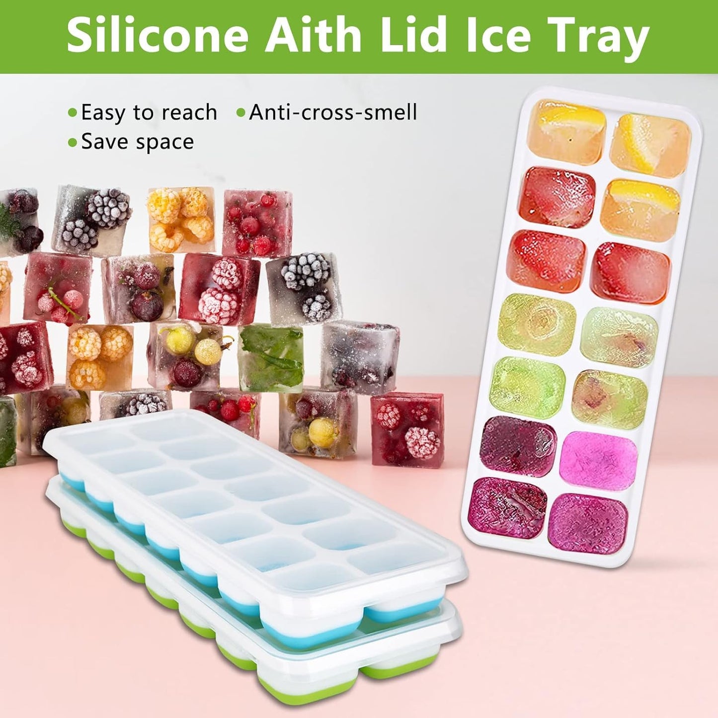 UK-0808 Pop Up Ice Cube Trays for Freezer with Lid Ice Cube Trays, Silicone Easy-Release and Flexible 14-Ice Cubes Mould with Spill-Resistant