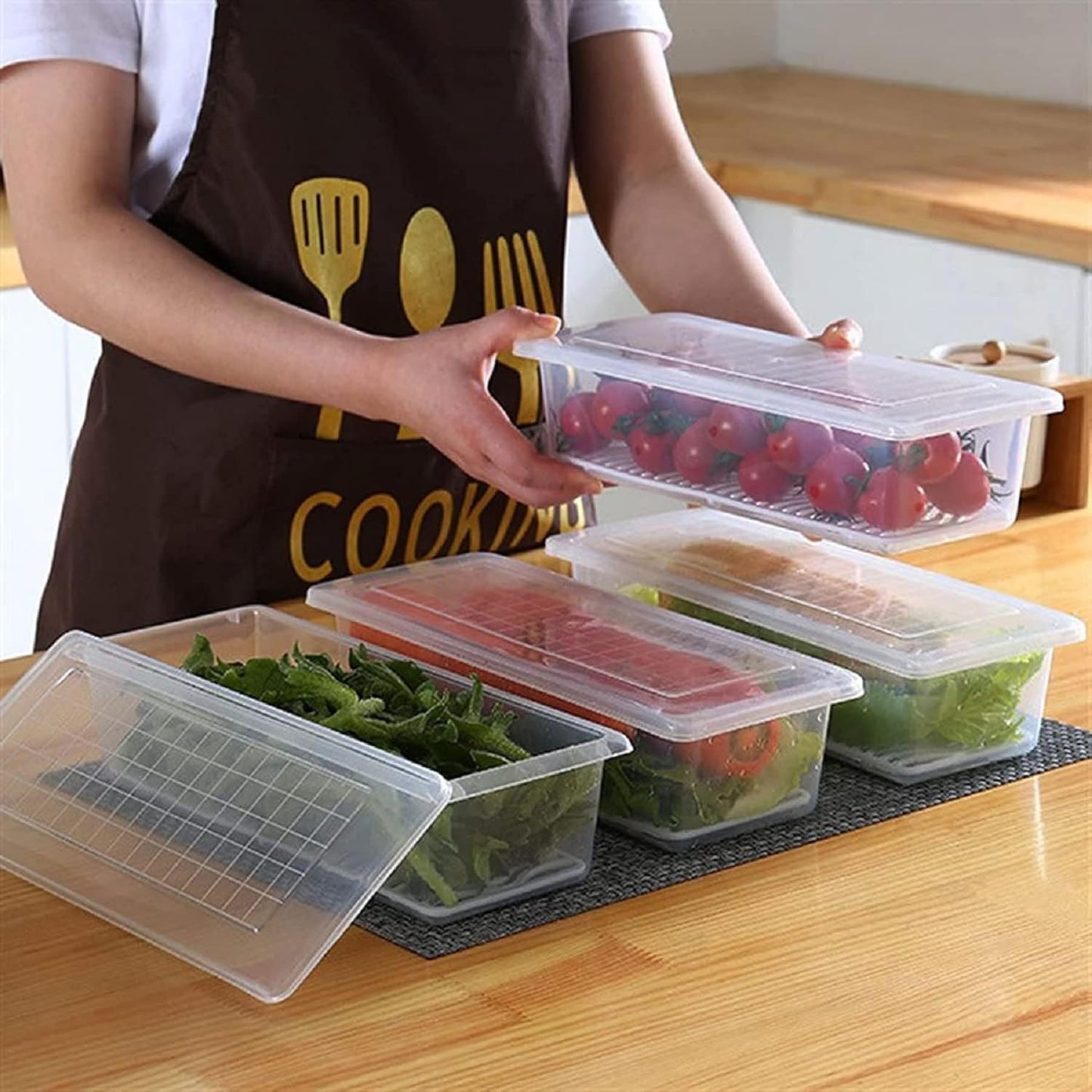 Fridge Storage Boxes Fridge Organizer with Removable Drain Plate and Lid Stackable Fridge Storage Containers Plastic Refrigerator Storage Containers for Vegetables, Fruits, etc. (1500ML)