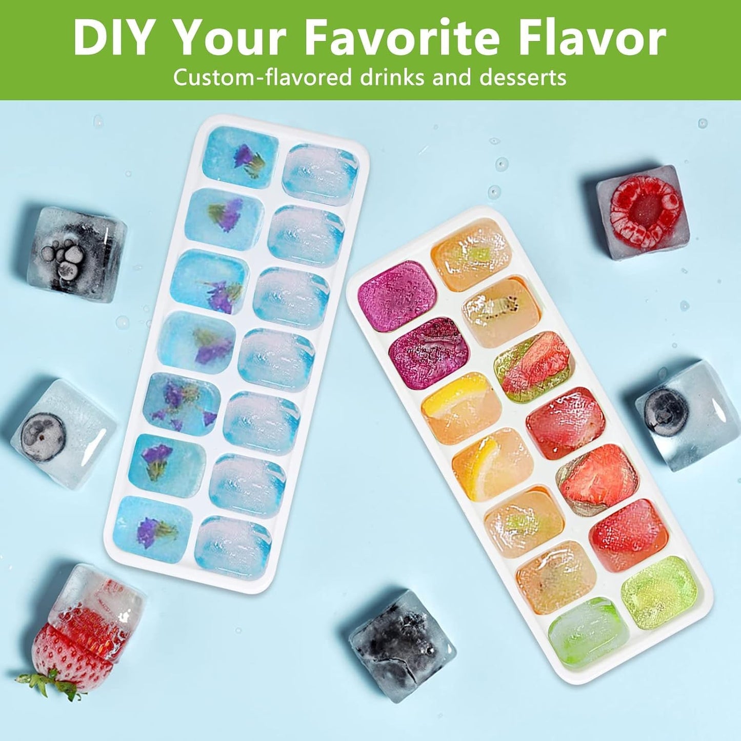 UK-0808 Pop Up Ice Cube Trays for Freezer with Lid Ice Cube Trays, Silicone Easy-Release and Flexible 14-Ice Cubes Mould with Spill-Resistant