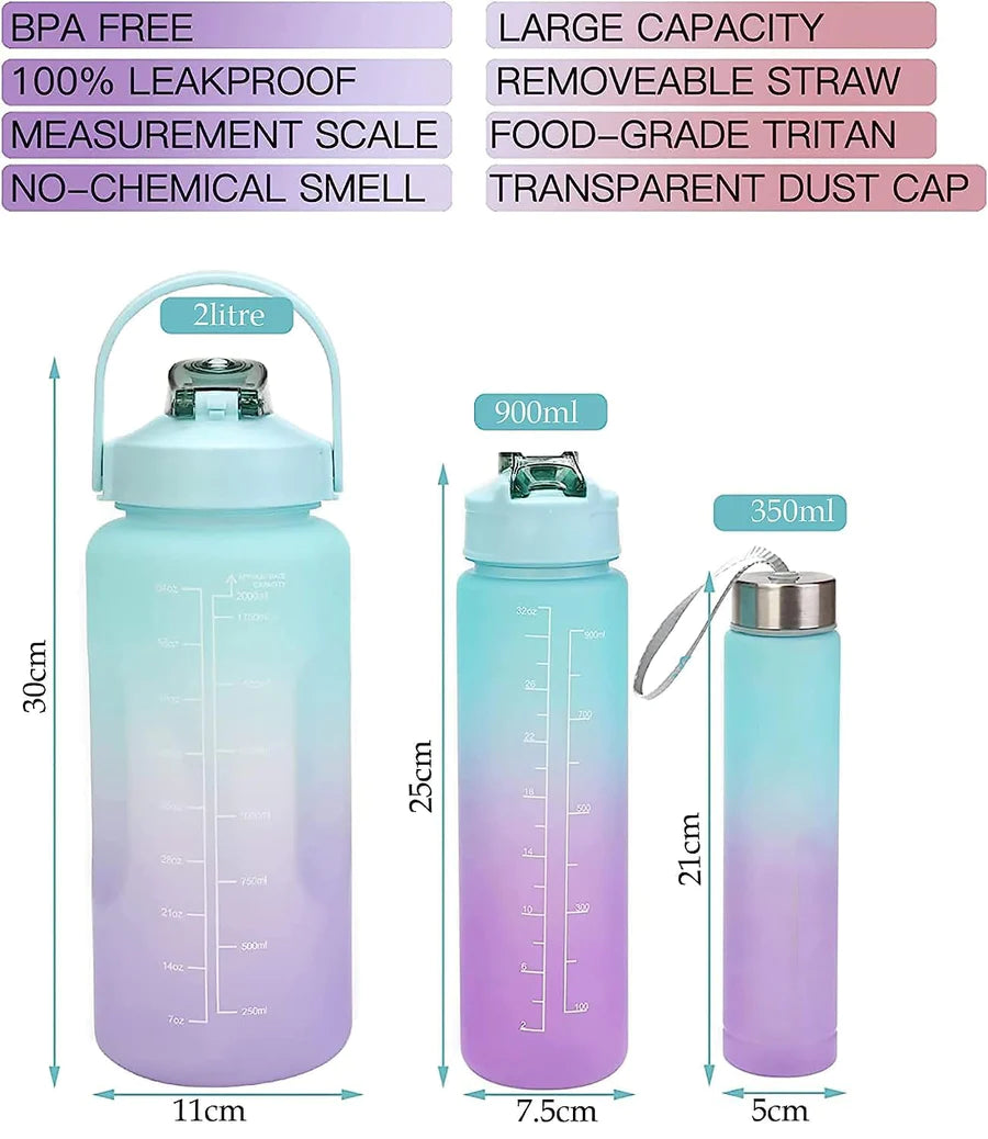 UK-0023 3 in 1 Water Bottle with Motivational Time Marker, Leakproof Durable BPA Free Non-Toxic Water bottle for office, gym, school