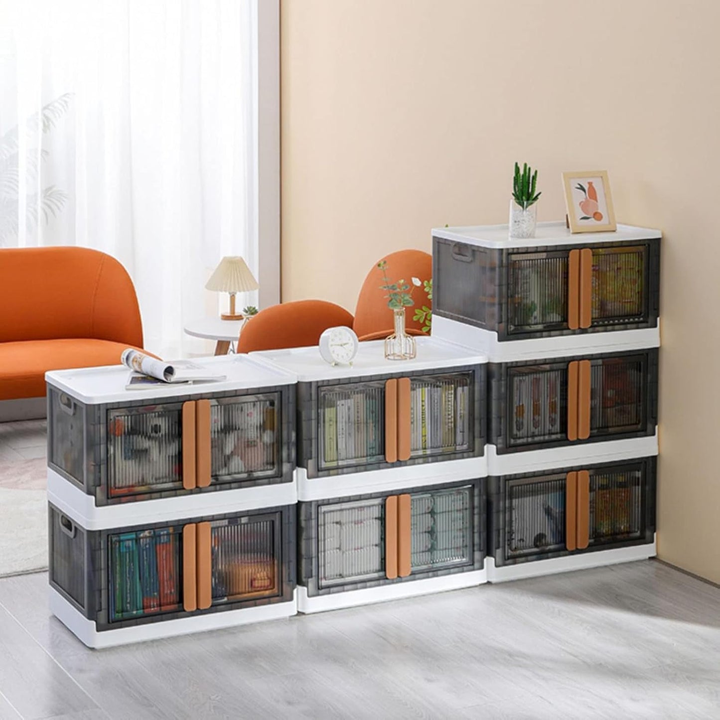 UK-0727 Folding Storage Cabinet, Bottom Roller Stackable Toy Storage 72L 2 Opening Modes PP Foldable for Kitchen