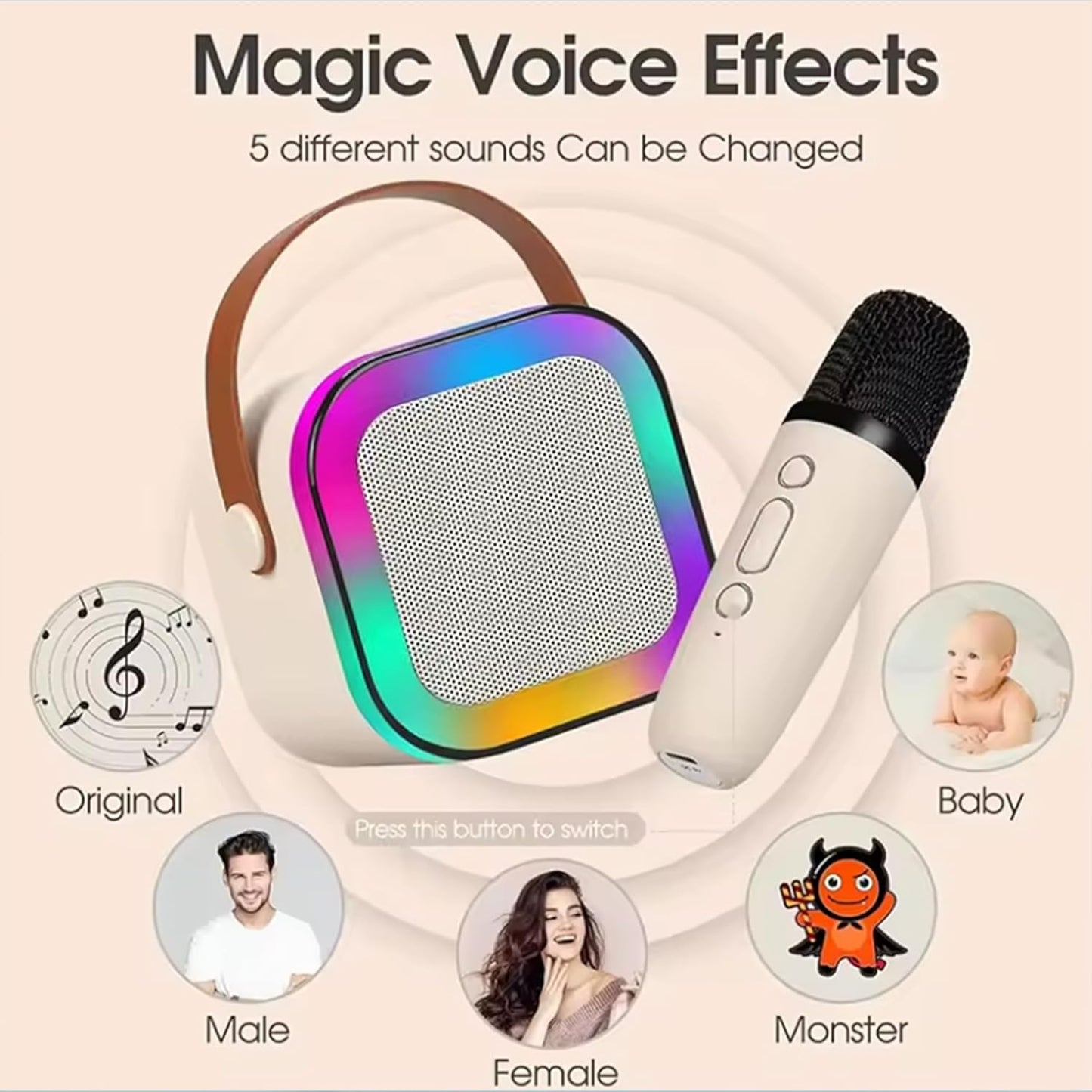 UK-0588 K12 Mini Portable Bluetooth Speaker With Mic for Kids or Adults with Bluetooth Wireless Microphones Colorful Lights Ideal Birthday (Single Mic)