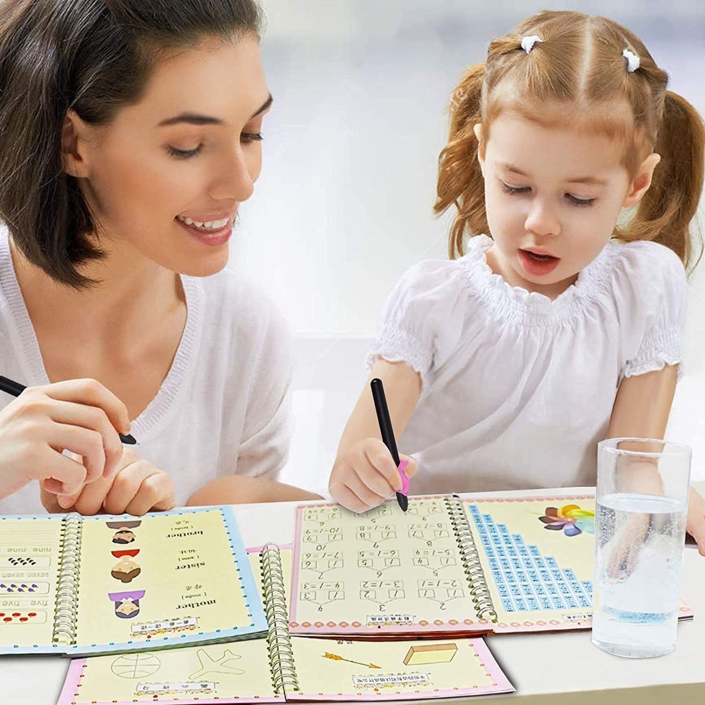 UK-0103 Magic Practice Copybook for Kids, Handwriting Workbook, Reusable Writing Practice Book for Preschools- Alphabet Number Math Drawing Groove Copybook | 4 Books with Pens, Refills