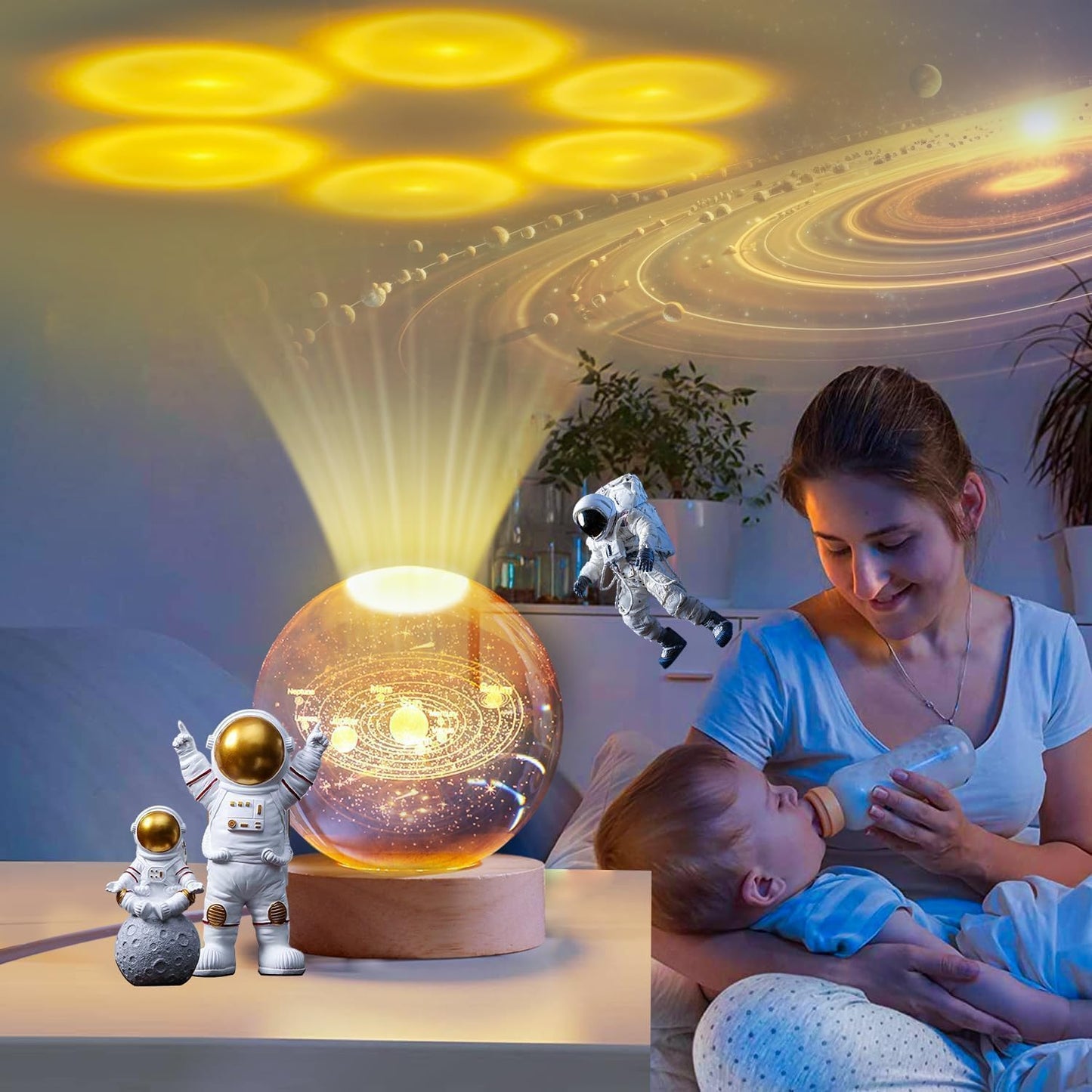 UK-0719 3D Galaxy Crystal Ball Night Lamp,Creative Engraved Crystal Ball Night Light, USB Table LED Wooden Crystal Ball for Home Office Decoration(MIX DESIGN)