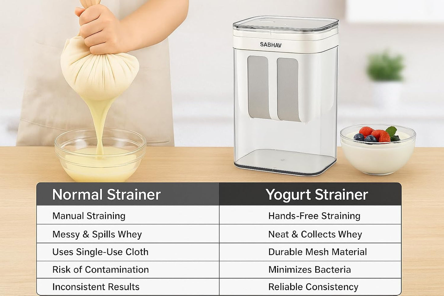 UK-0950 Yogurt Strainer, 1100ml Multi Yoghurt Maker Strainer with Fine Mesh Bag & Lid for Thick Greek Yogurt, Soybean Milk, Kefir, Berries, Soup, Fruit Juice, Coffee