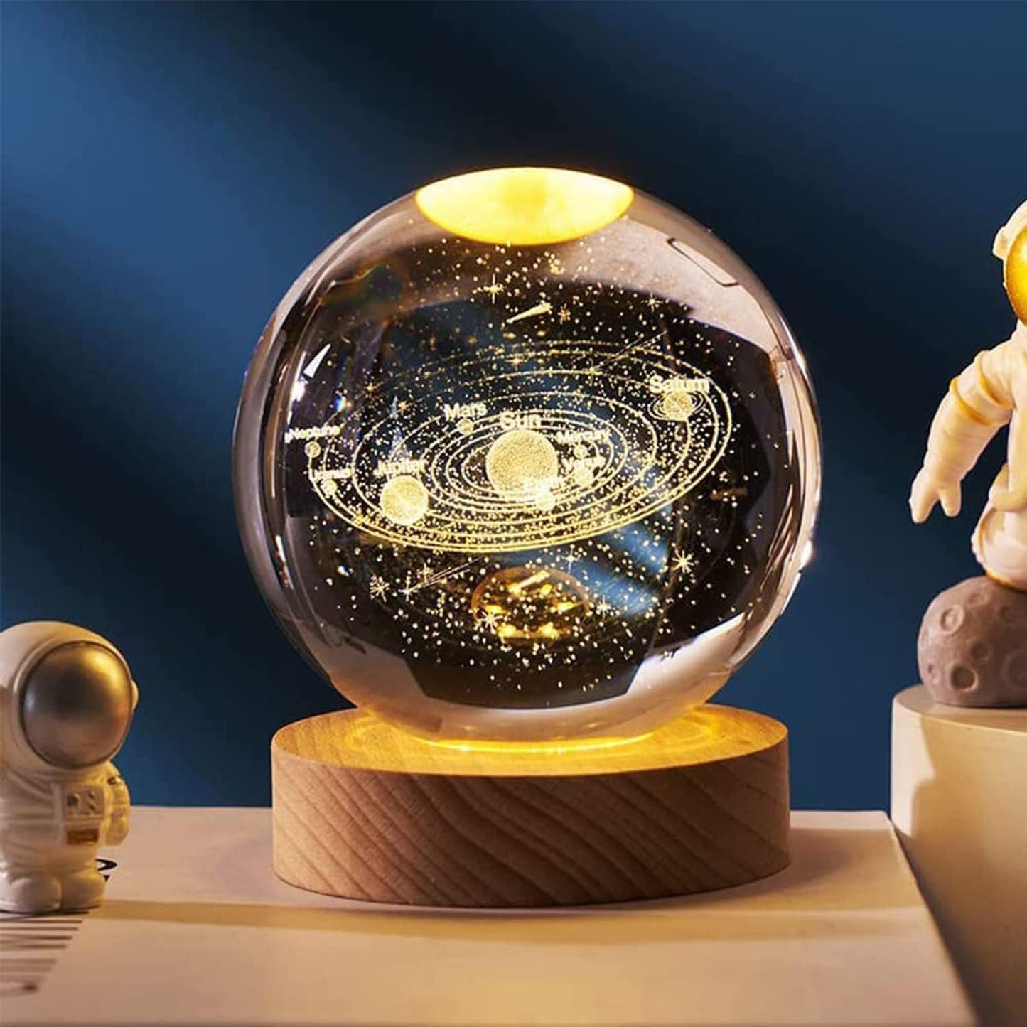 UK-0719 3D Galaxy Crystal Ball Night Lamp,Creative Engraved Crystal Ball Night Light, USB Table LED Wooden Crystal Ball for Home Office Decoration(MIX DESIGN)