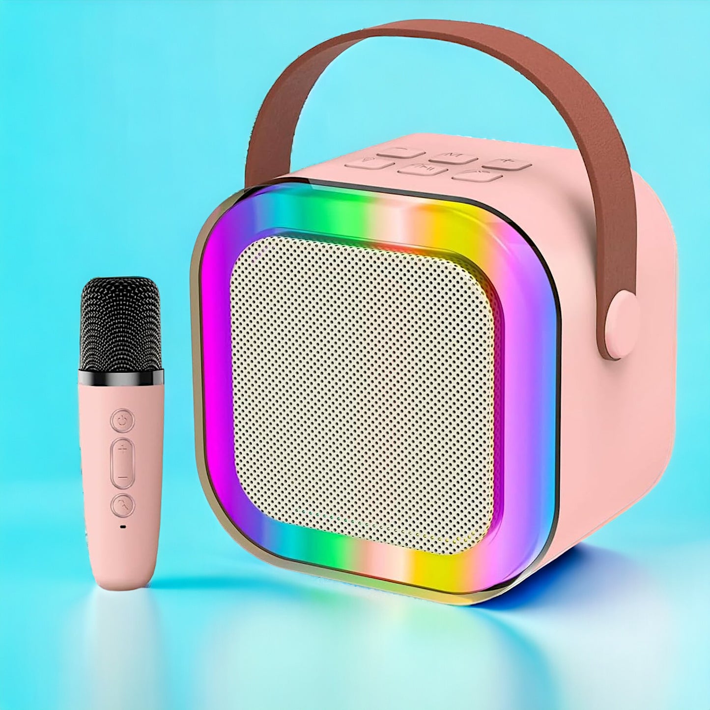 UK-0588 K12 Mini Portable Bluetooth Speaker With Mic for Kids or Adults with Bluetooth Wireless Microphones Colorful Lights Ideal Birthday (Single Mic)