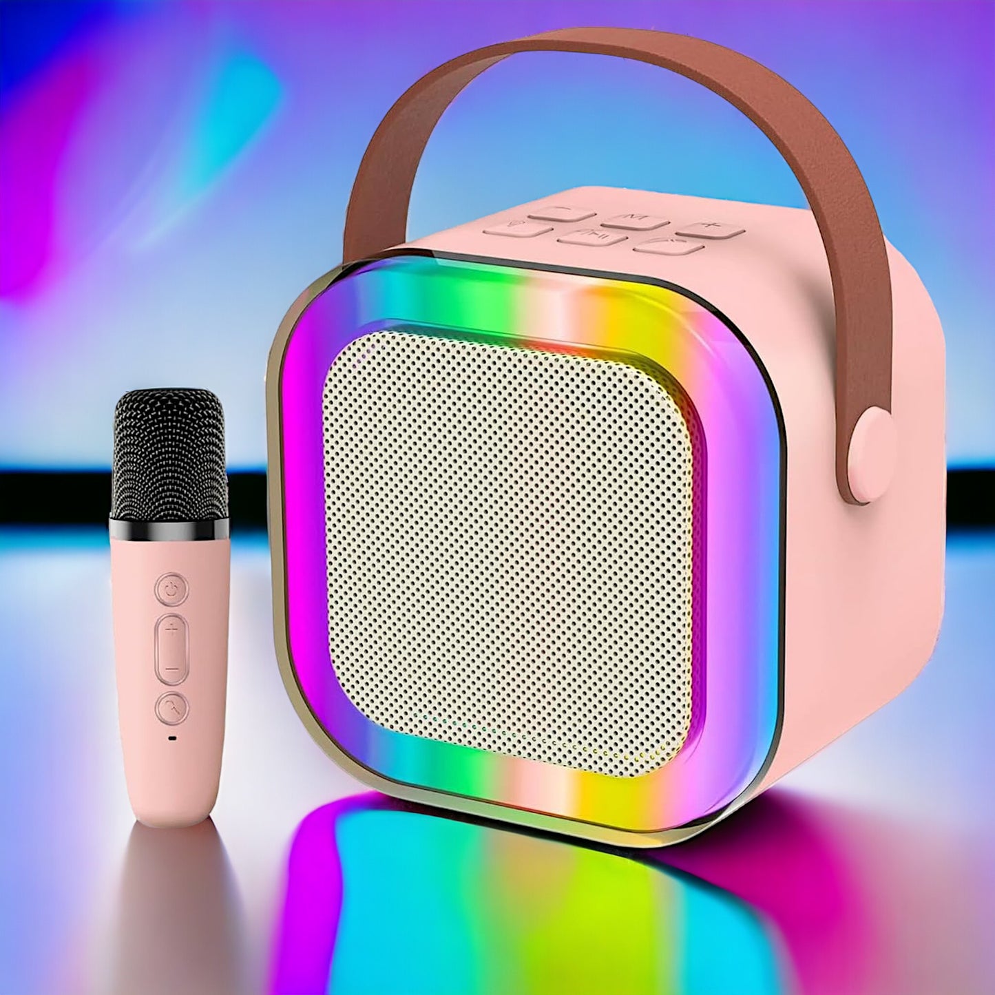 UK-0588 K12 Mini Portable Bluetooth Speaker With Mic for Kids or Adults with Bluetooth Wireless Microphones Colorful Lights Ideal Birthday (Single Mic)