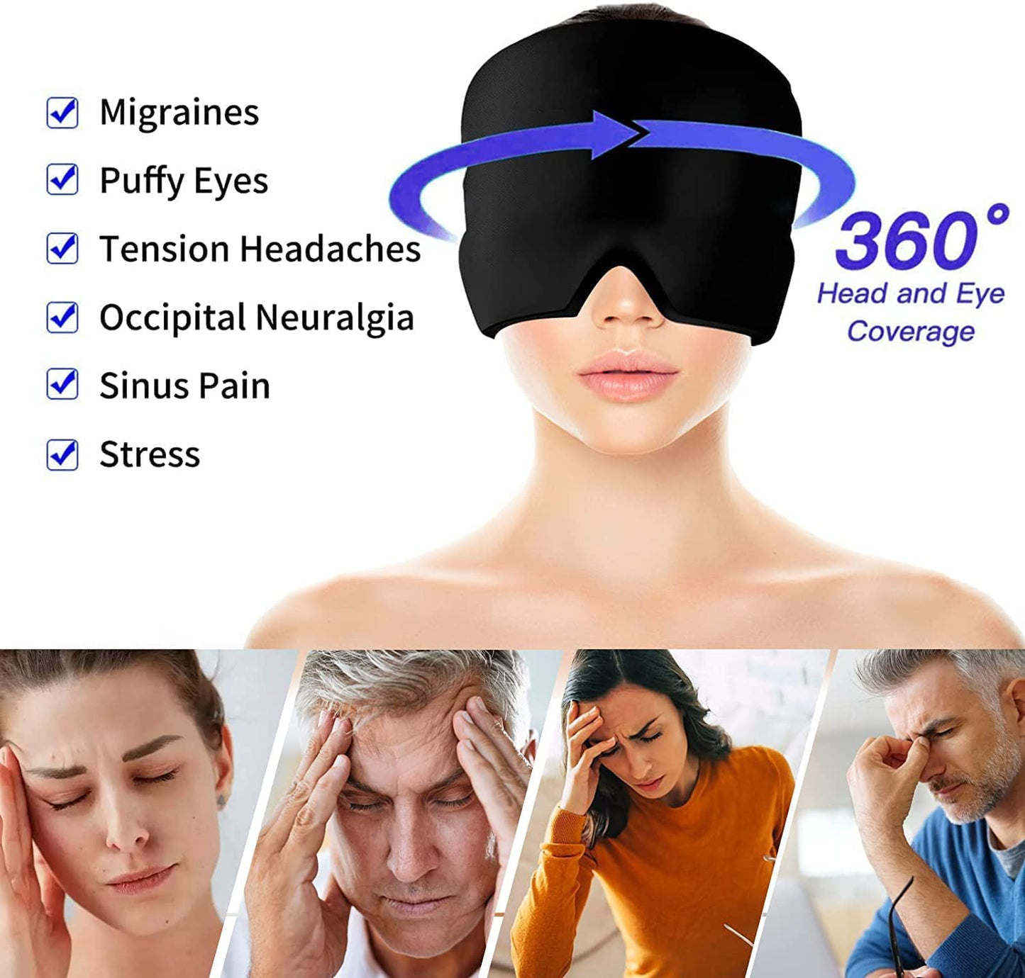 UK-0848 Relief Cap, Cold Therapy Headache Relief Hat/Ice Head Wrap/Ice Pack Mask, Cold Compress Headache Relief Cap for Tension, Sinus & Stress