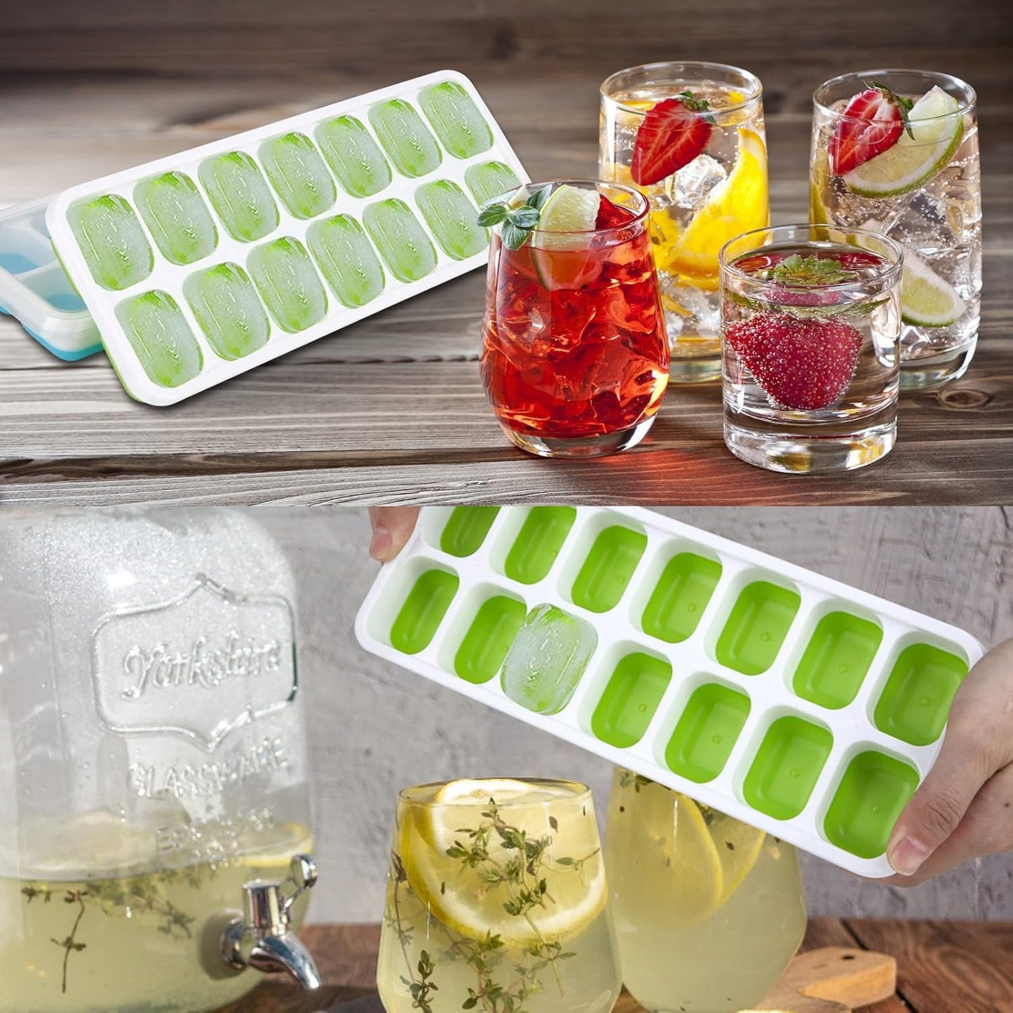 UK-0808 Pop Up Ice Cube Trays for Freezer with Lid Ice Cube Trays, Silicone Easy-Release and Flexible 14-Ice Cubes Mould with Spill-Resistant