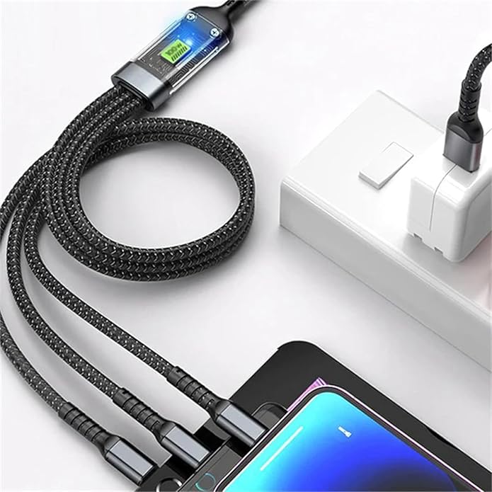 UK-0697 3-in-1 Super Fast Charging Cable 100w, Multifunctional Convenient Super Fast Charging Cable Nylon Braided Cord, 3-in-1 Silicone Zinc Alloy 3 Head Charging Cable