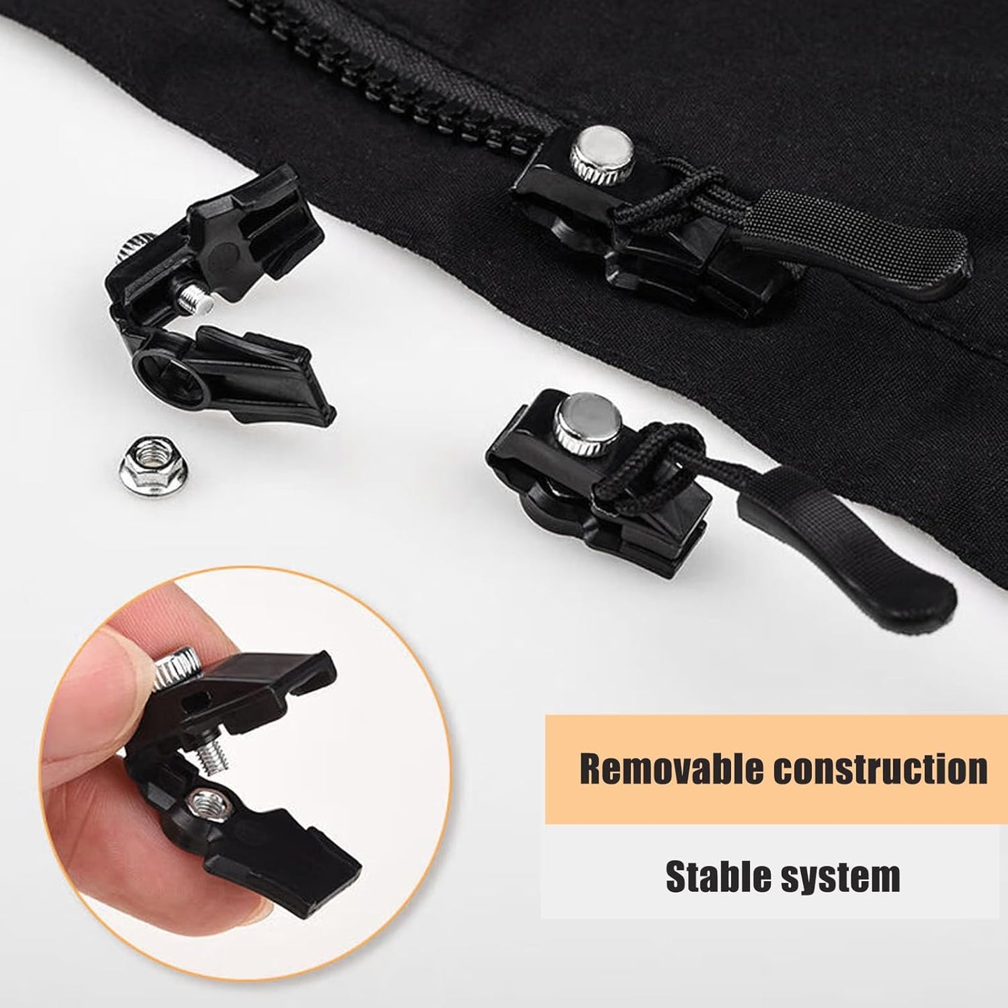 UK-0679 Zipper Repair Kit, Instant Zipper Sliders with Nylon Pull Tabs Cords, Replacement Metal Zipper Pull for Sliding Teeth, Universal Screw Fix Removable Zippers for Bags, Garments (1PC)