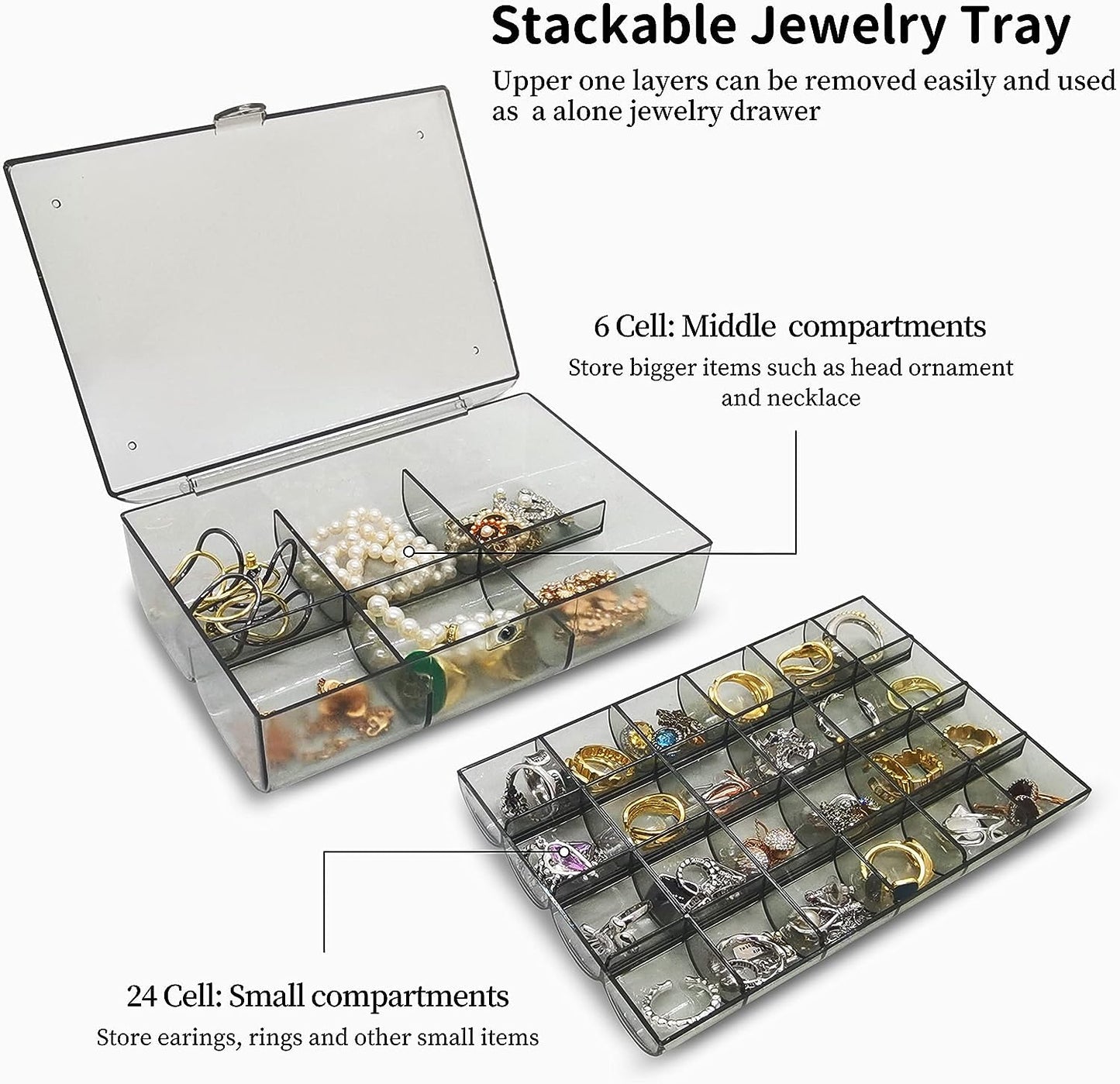 UK-0355 Clear Acrylic Jewelry Organizer Box with 2 Drawers and 30 Compartments, Small Dustproof Jewelry Box for Women and Girls, Earring Display Holder