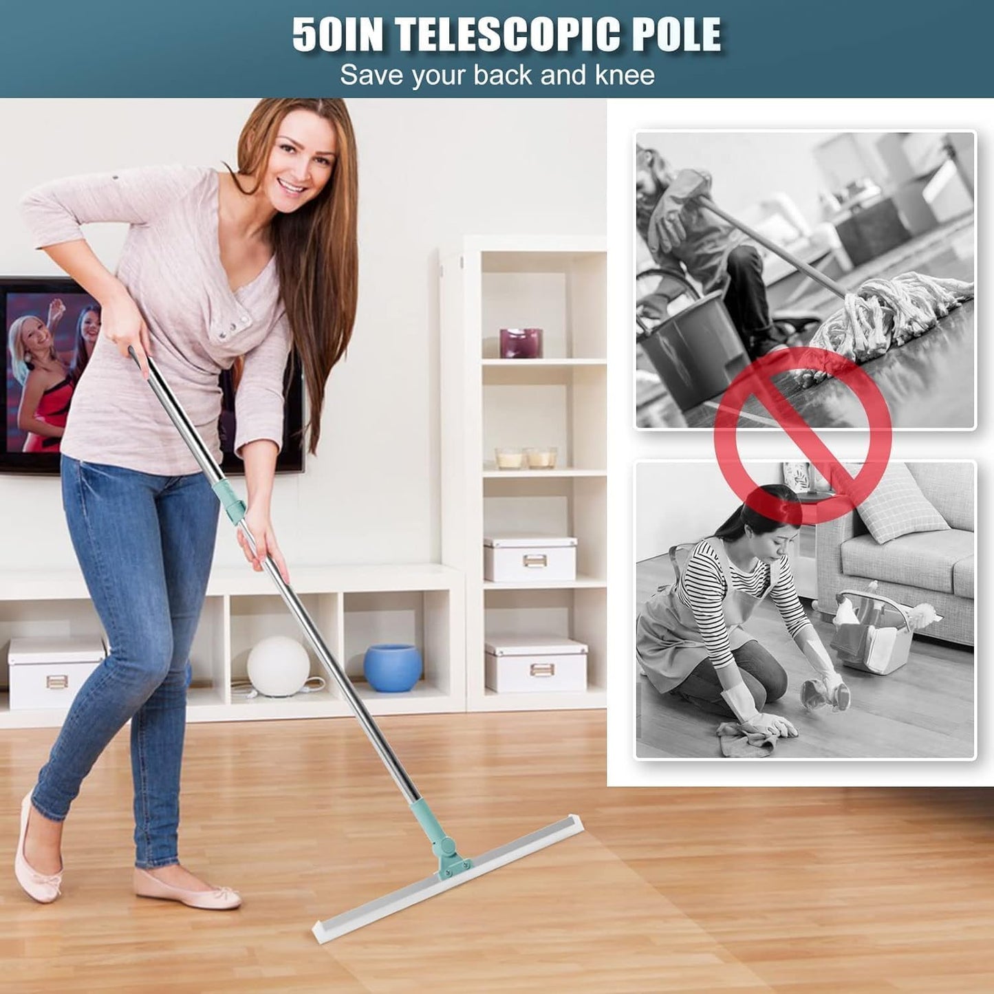 UK-0748 Bathroom Cleaning Wiper, Slim Floor Squeegee Mop with Telescopic Handle for Bathroom, Tiles, and Floor Scrubbing, 360° Rotating Silicone Wiper