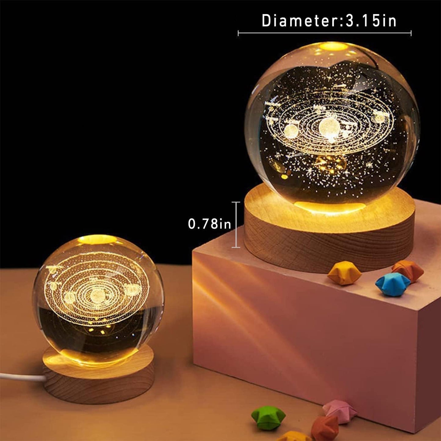 UK-0719 3D Galaxy Crystal Ball Night Lamp,Creative Engraved Crystal Ball Night Light, USB Table LED Wooden Crystal Ball for Home Office Decoration(MIX DESIGN)