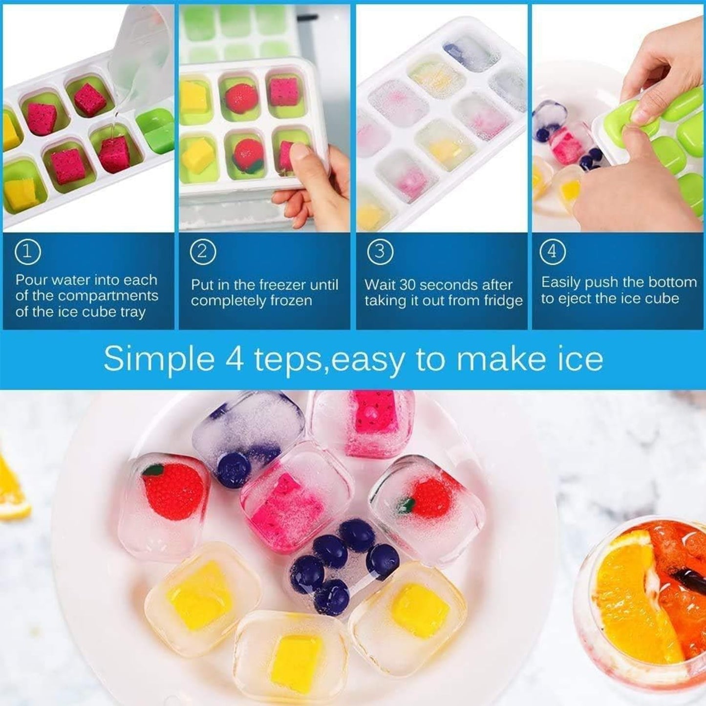 UK-0808 Pop Up Ice Cube Trays for Freezer with Lid Ice Cube Trays, Silicone Easy-Release and Flexible 14-Ice Cubes Mould with Spill-Resistant