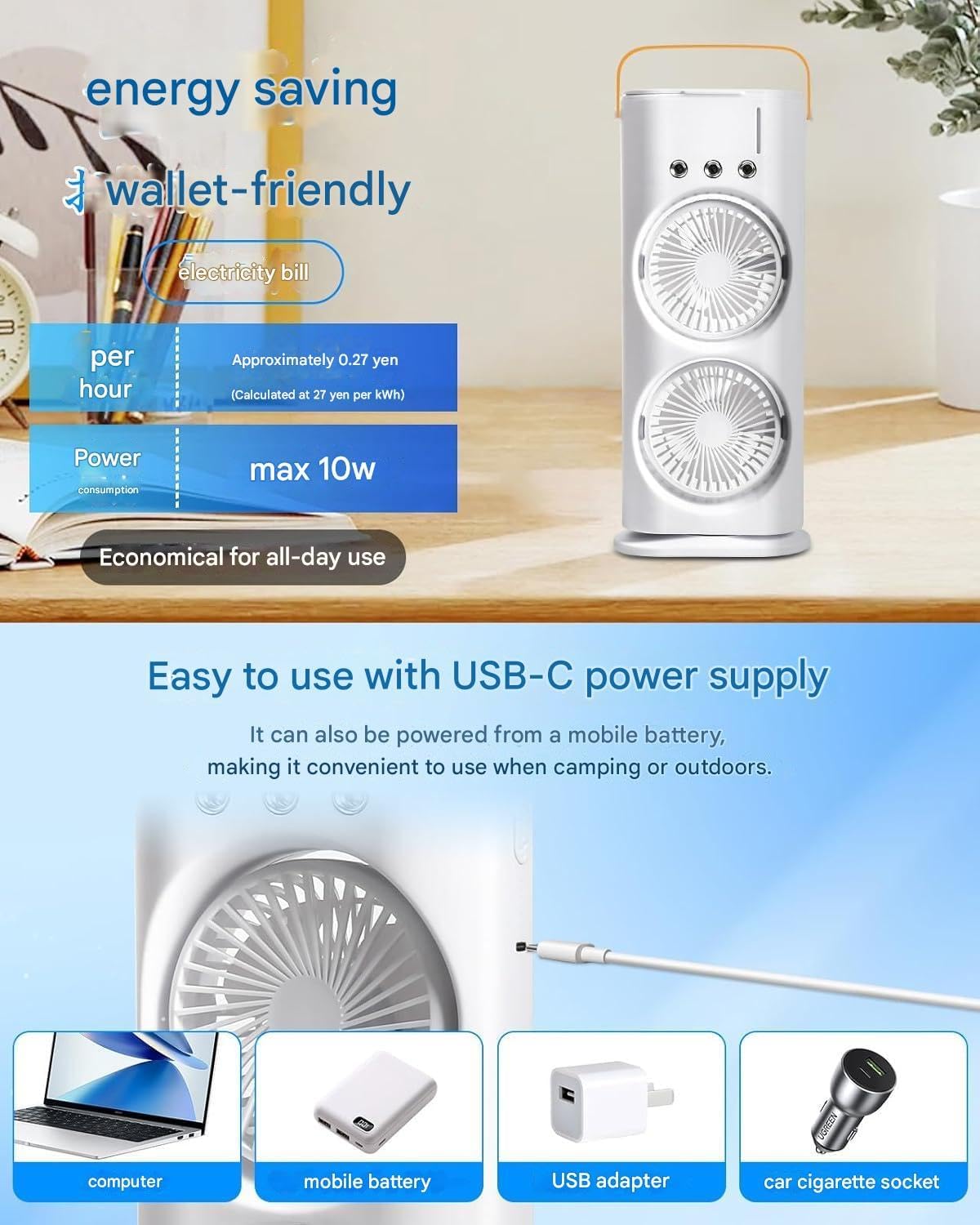 UK-0865 Air Misting Fan Portable Rechargeable Cooling Fan, Personal Air Conditioner, Evaporative Air Cooler for Room, Mister Portable Outdoor Cooling Fans that Blow Cold Air for Travel & More
