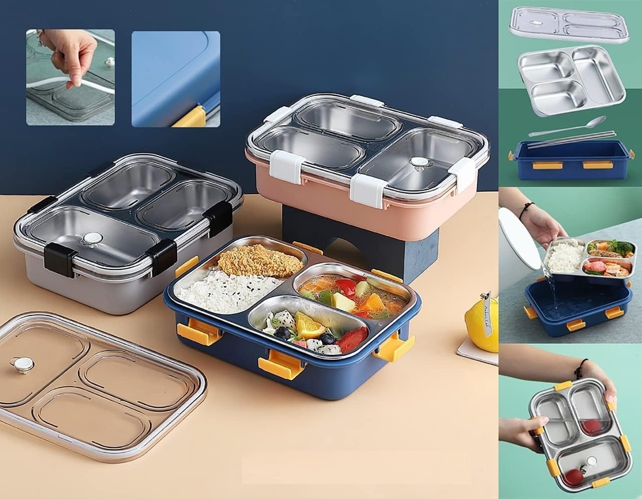 UK-0885 3 Compartment Stainless Steel Lunch Box 750ML, Lunch Box with Steel Cutlery Inside, Heating & Water Insulation for School Kids and Adults Office