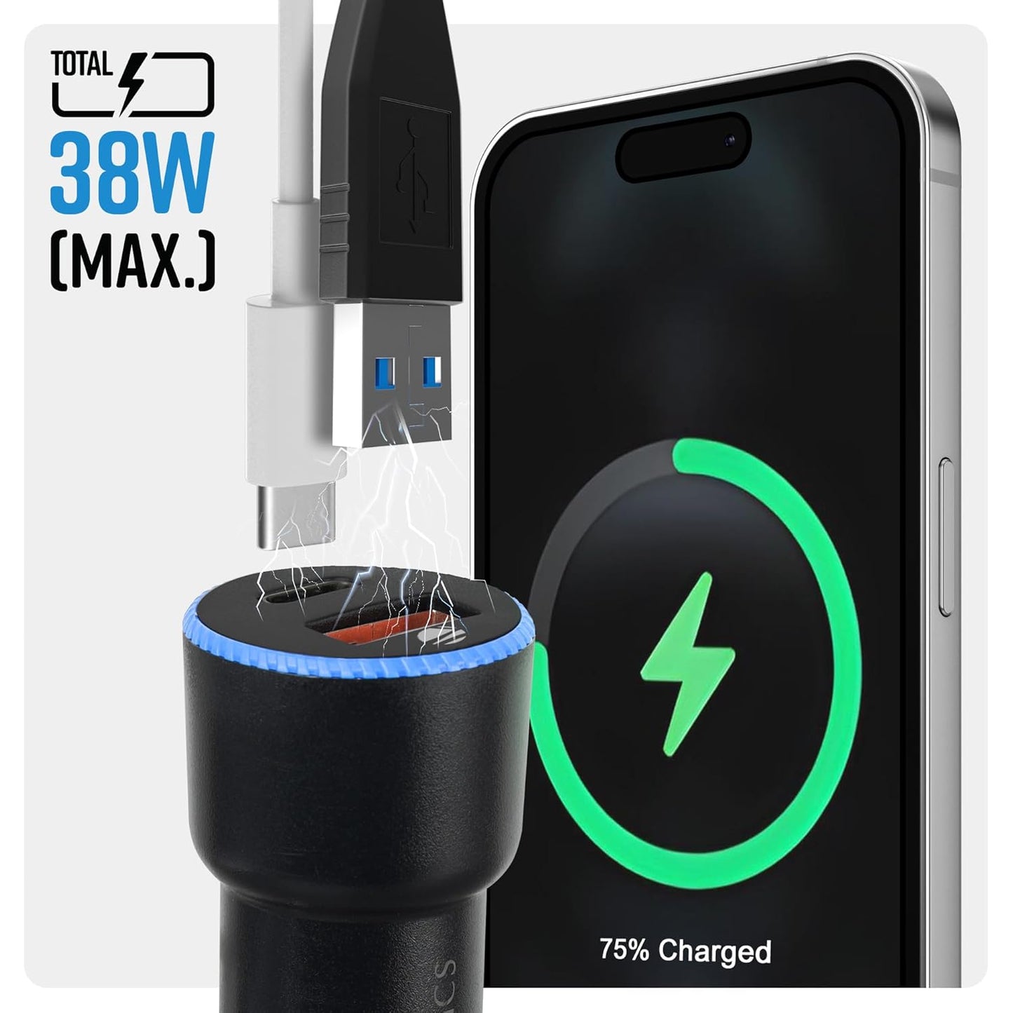 UK-0778 M&i 38 Watts Car Charger, Dual Output (USB + Type C), Rapid Charge, Compact Design, with Over Current & Short Circuit Protection