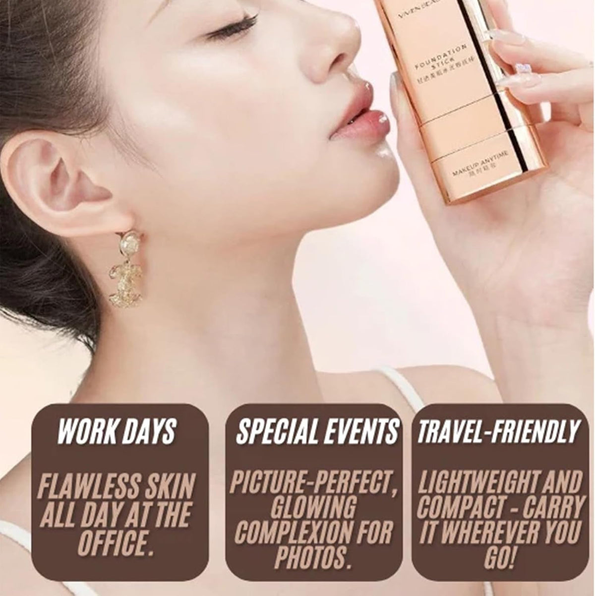 UK-1040 Beauty Foundation Stick, 2-in-1 Multifunctional Moisturizing Foundation Stick with Brush, Long Lasting Natural Matte Finish, Lightweight, Waterproof, 20g, Suitable for All Skin Types