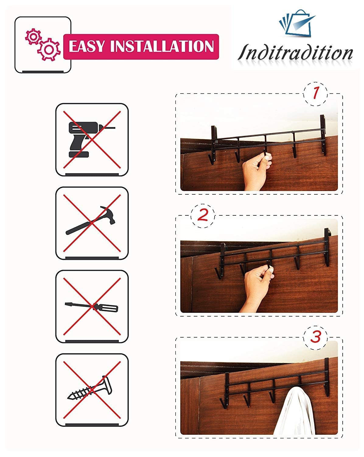 UK-0768 Alloy Adjustable Steel Functional Steel Over The Door Hook Hanger Organizer | Wall Hook Rack | for Hanging Clothes