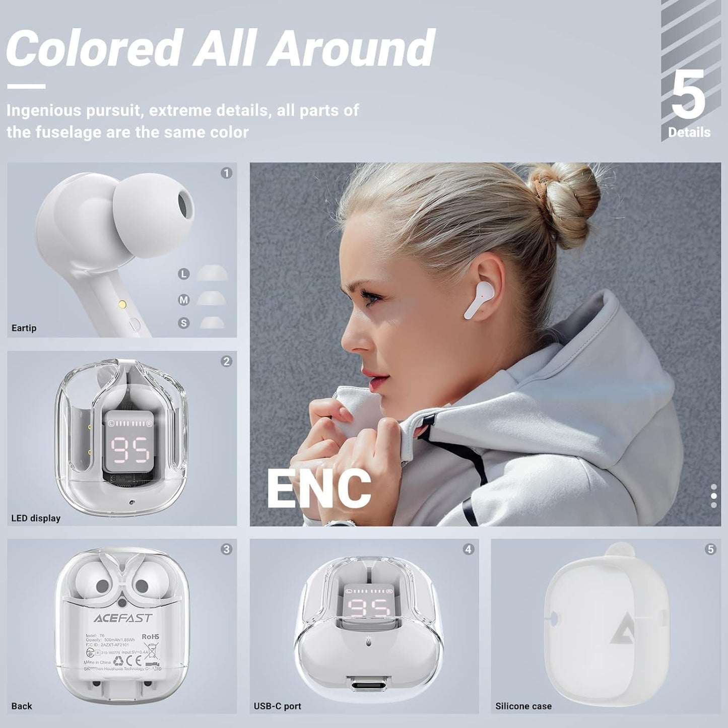 UK-0550 Ultrapod Wireless Bluetooth In Ear Earbuds, Transparent Charging Case, Active Noise Cancellation, Led Digital Display, Bluetooth Earphones, Touch Control