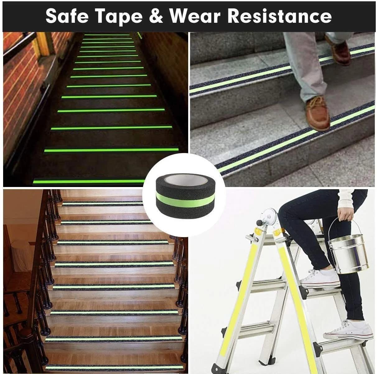 UK-0734 Anti Slip Tape with Glow in Dark Stripe for Stairs, 2 InchX16.4 Foot, Grip Tape for Stairs