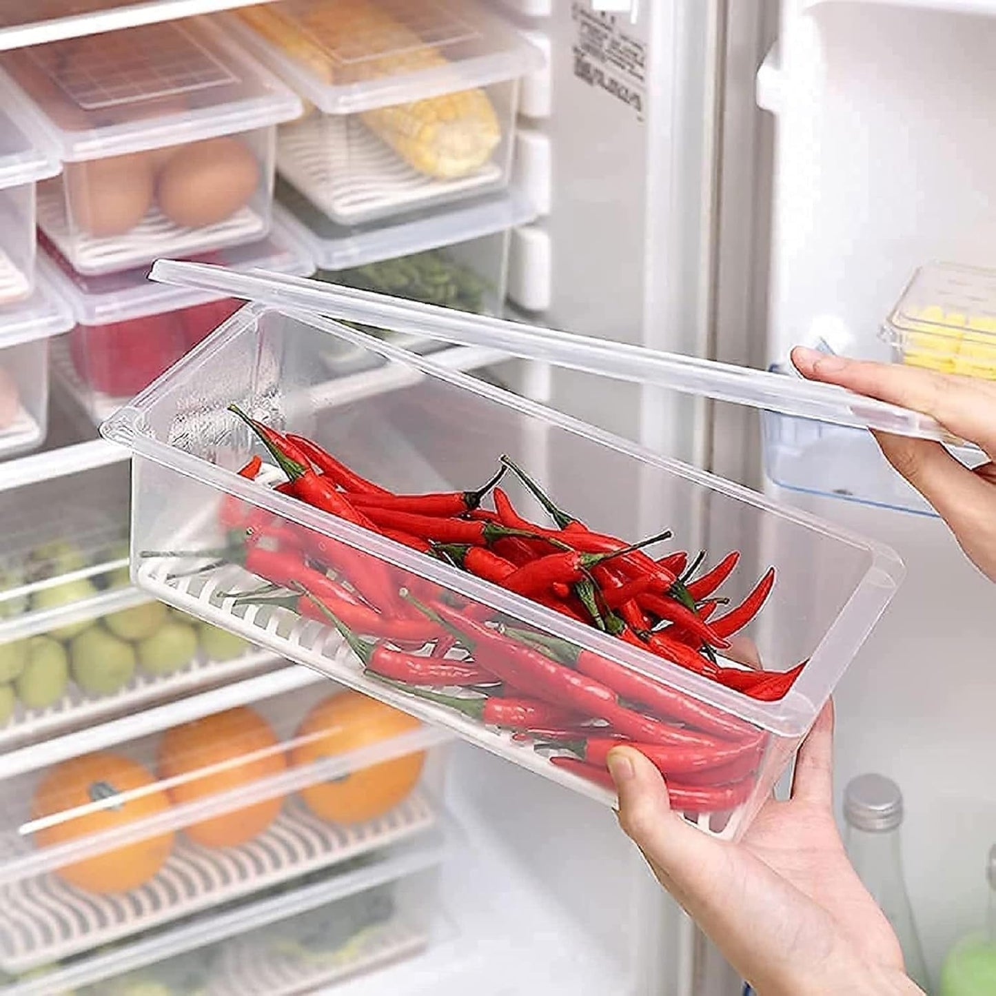 Fridge Storage Boxes Fridge Organizer with Removable Drain Plate and Lid Stackable Fridge Storage Containers Plastic Refrigerator Storage Containers for Vegetables, Fruits, etc. (1500ML)
