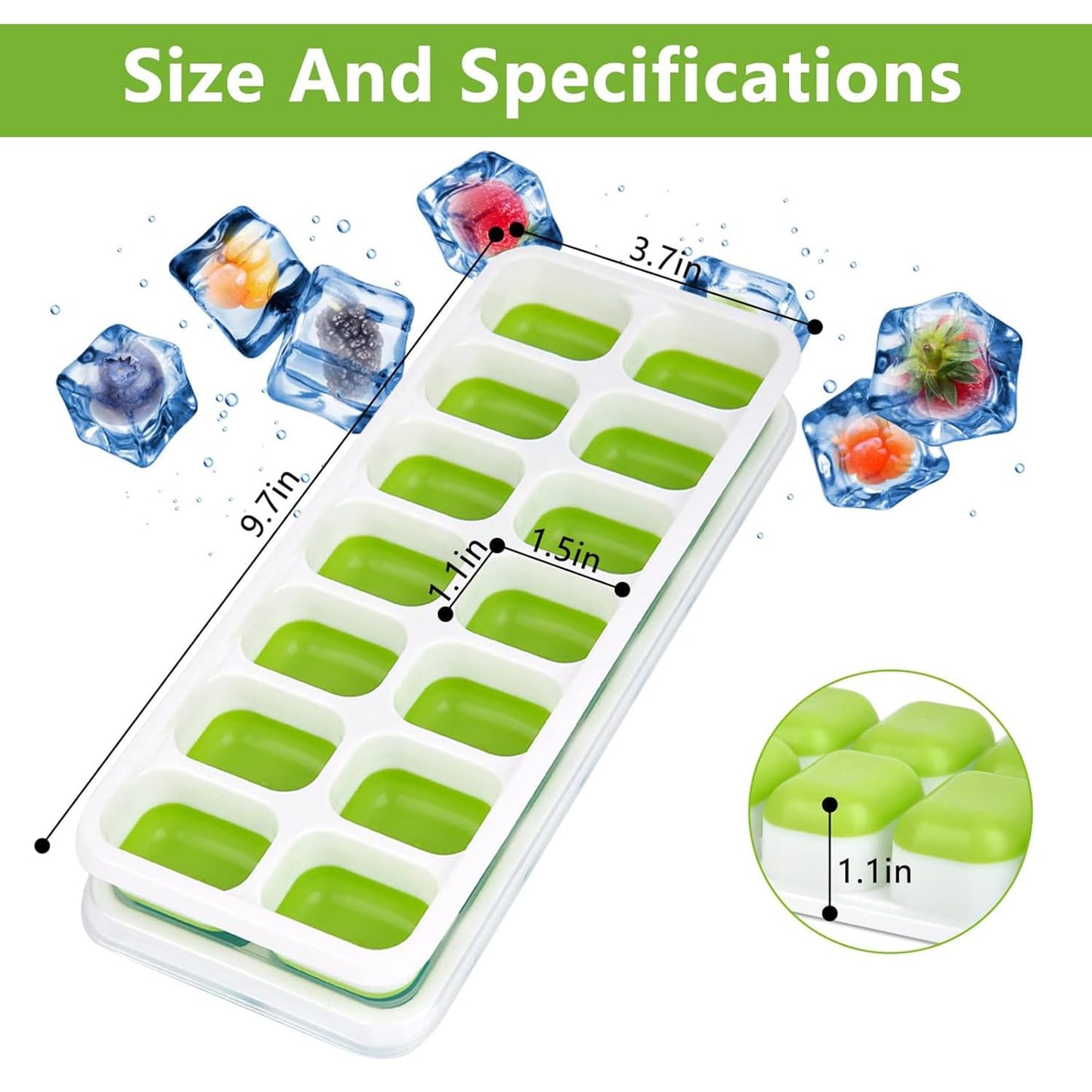 UK-0808 Pop Up Ice Cube Trays for Freezer with Lid Ice Cube Trays, Silicone Easy-Release and Flexible 14-Ice Cubes Mould with Spill-Resistant