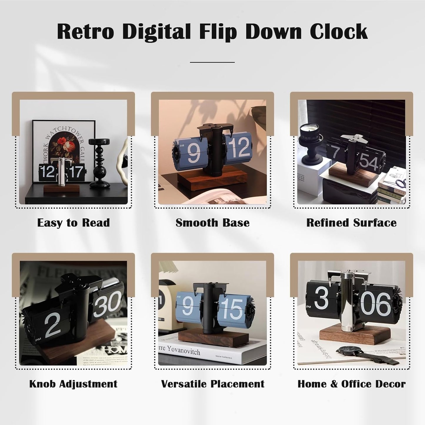 UK-0794 Retro Digital Flip Down Clock, Battery Powered Internal Gear Operated Clock, Classic Mechanical, Black Walnut Base, for Home & Office Decor