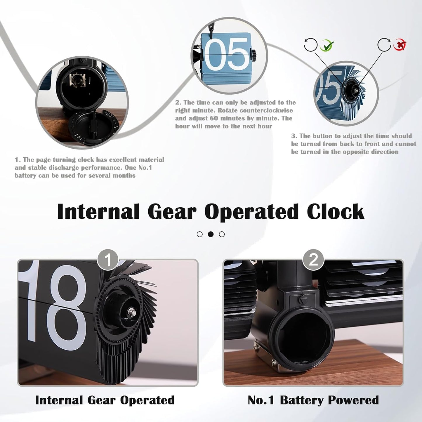 UK-0794 Retro Digital Flip Down Clock, Battery Powered Internal Gear Operated Clock, Classic Mechanical, Black Walnut Base, for Home & Office Decor