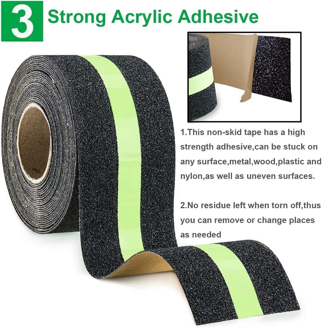 UK-0734 Anti Slip Tape with Glow in Dark Stripe for Stairs, 2 InchX16.4 Foot, Grip Tape for Stairs