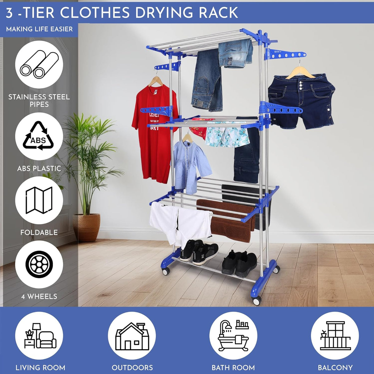 3 Layer Stainless Steel Cloth Stand for Drying Clothes