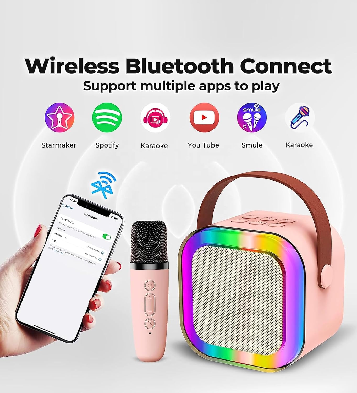UK-0588 K12 Mini Portable Bluetooth Speaker With Mic for Kids or Adults with Bluetooth Wireless Microphones Colorful Lights Ideal Birthday (Single Mic)