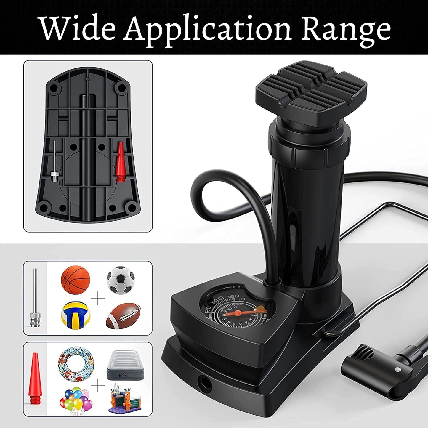 UK-0098 Portable High Pressure Foot Air Pump Heavy Compressor Cylinder with Pressure Gauge Floor Pump for Motorbike, for Cars, Bicycle, Football, Cycle Pump