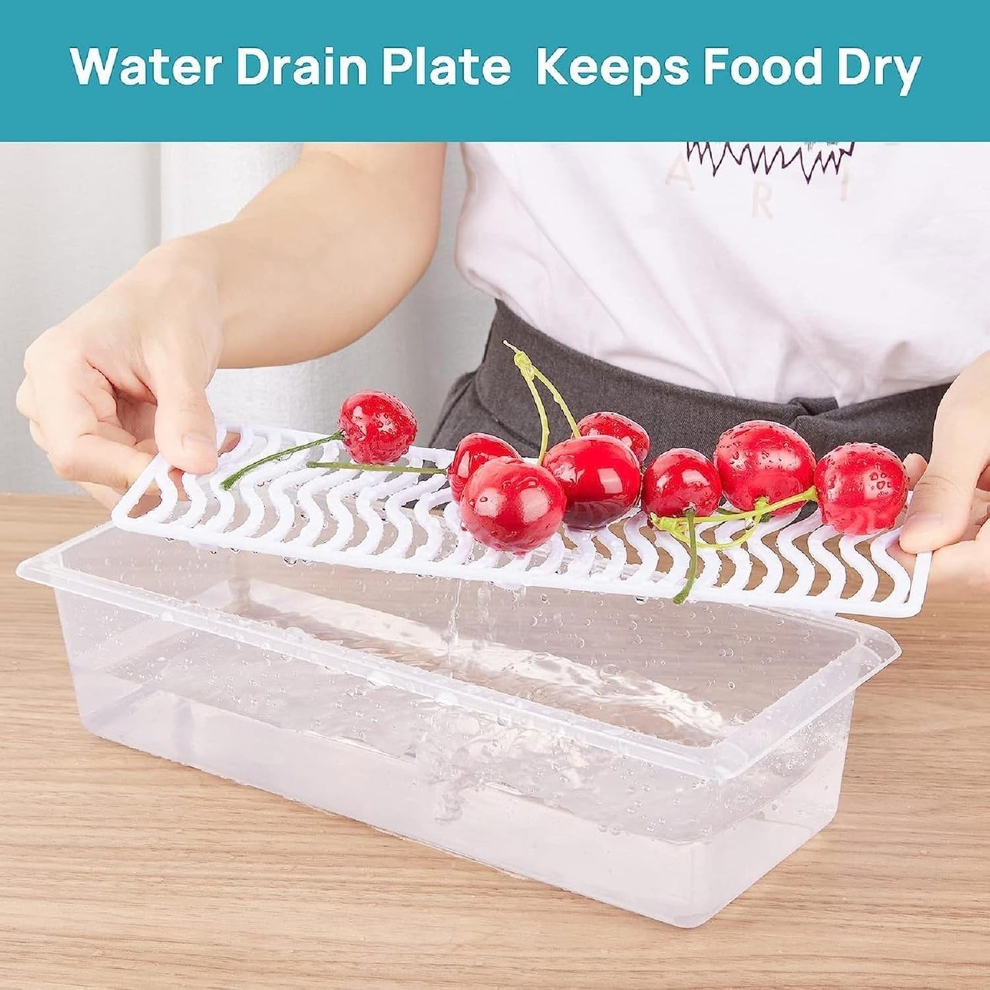 Fridge Storage Boxes Fridge Organizer with Removable Drain Plate and Lid Stackable Fridge Storage Containers Plastic Refrigerator Storage Containers for Vegetables, Fruits, etc. (1500ML)
