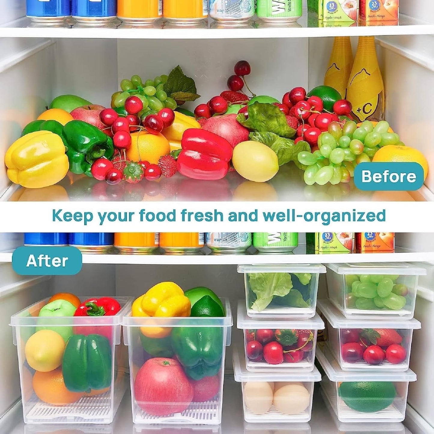 Fridge Storage Boxes Fridge Organizer with Removable Drain Plate and Lid Stackable Fridge Storage Containers Plastic Refrigerator Storage Containers for Vegetables, Fruits, etc. (1500ML)
