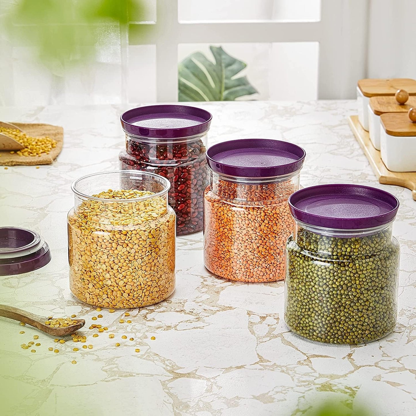 UK-0761 Plastic Airtight Canister Set Food Grade BPA free Transparent Canisters Multipurpose Jar for Grocery, Snacks, Nuts, Rice, Flour, Food Grain, Kitchen Storage Container Jar,1LTR
